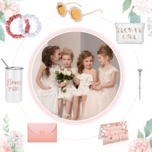 Flower Girl Proposal Gifts Flower Girl Tumblers with Straws Be My Flower Girl Card with Envelope Canvas Makeup Bag Sunglasses Hair Scrunchies Diamond Pen for Wedding Bridal Shower (White, 16 Pcs)