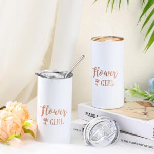 Flower Girl Proposal Gifts Flower Girl Tumblers with Straws Be My Flower Girl Card with Envelope Canvas Makeup Bag Sunglasses Hair Scrunchies Diamond Pen for Wedding Bridal Shower (White, 16 Pcs)