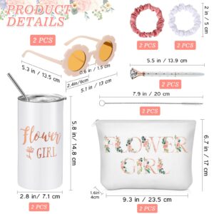 Flower Girl Proposal Gifts Flower Girl Tumblers with Straws Be My Flower Girl Card with Envelope Canvas Makeup Bag Sunglasses Hair Scrunchies Diamond Pen for Wedding Bridal Shower (White, 16 Pcs)