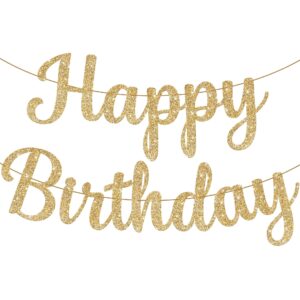 katchon, cursive glitter gold happy birthday banner - pre-strung, 10 feet, no diy | real gold birthday party decorations | gold happy birthday sign for girls, gold happy birthday decorations for women