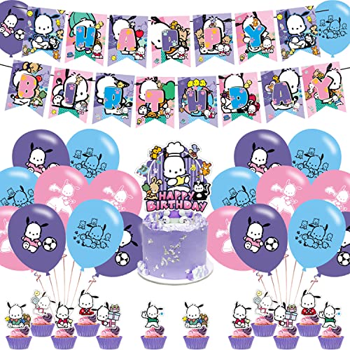 Pochacco Birthday Party Decorations,Pochacco Theme Party Supplies for Kids Adults with Happy Birthday Banner Cake Topper Cupcake Toppers Balloons