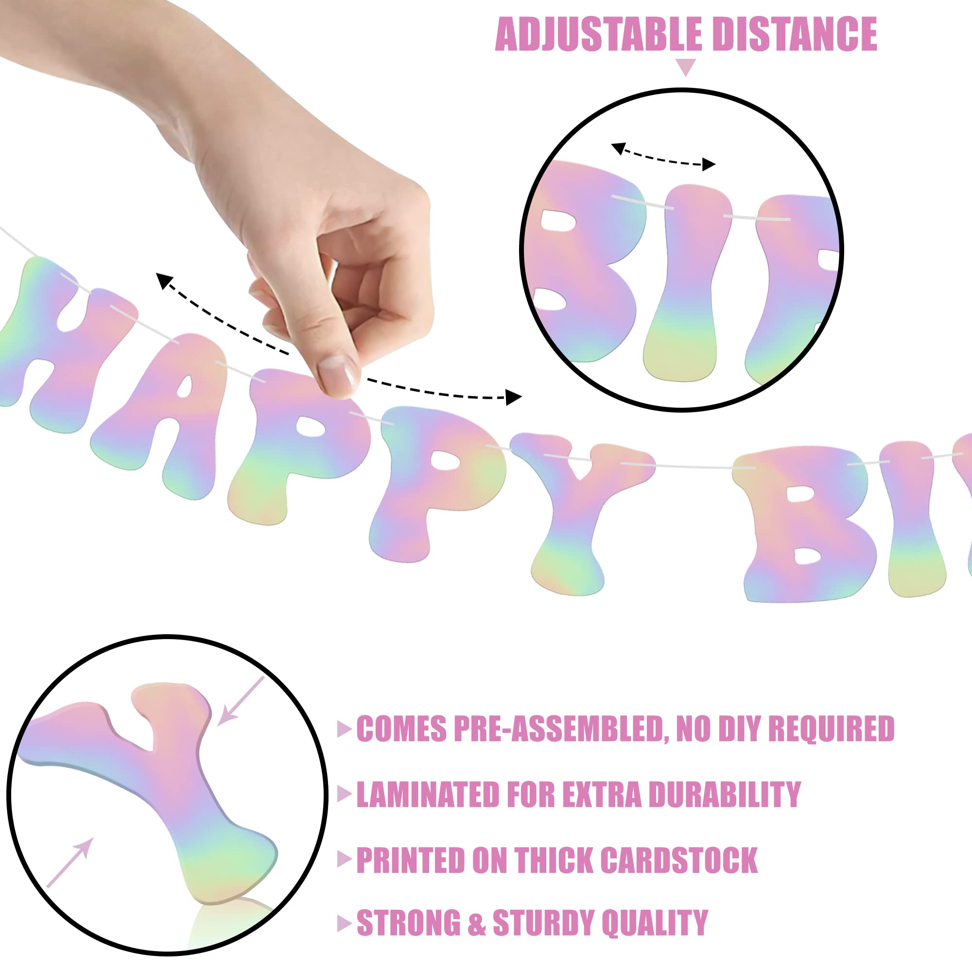 KatchOn Iridescent Happy Birthday Banner Prestrung - 10 Feet | Disco Happy Birthday Sign | Iridescent Party Decorations | Disco Birthday Banner for Women | Holographic Disco Birthday Party Decorations