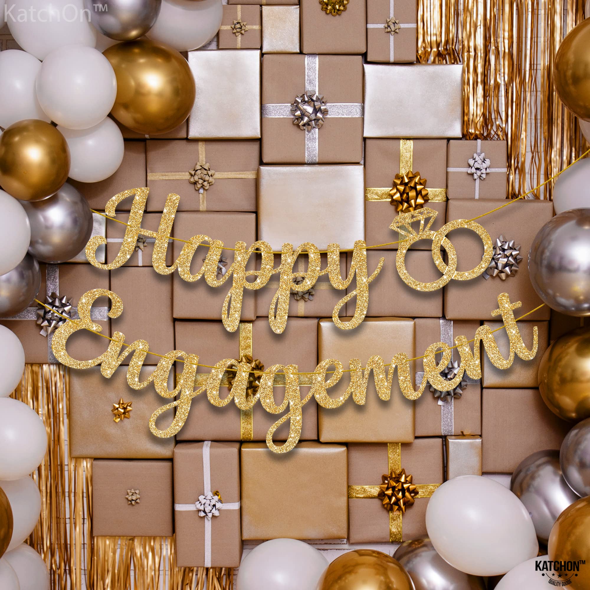 KatchOn, Gold Glitter Happy Engagement Banner - 10 Feet, No DIY | Engagement Party Decorations | Engagement Party Banner, Happy Engagement Decorations | Engaged Banner, Bachelorette Party Decorations