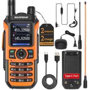 baofeng uv-5r upgrade ham radio handheld dual band long range two way radio for adults uv-21r rechargeable walkie talkies with earpiece and ar-771 orange antenna full kit