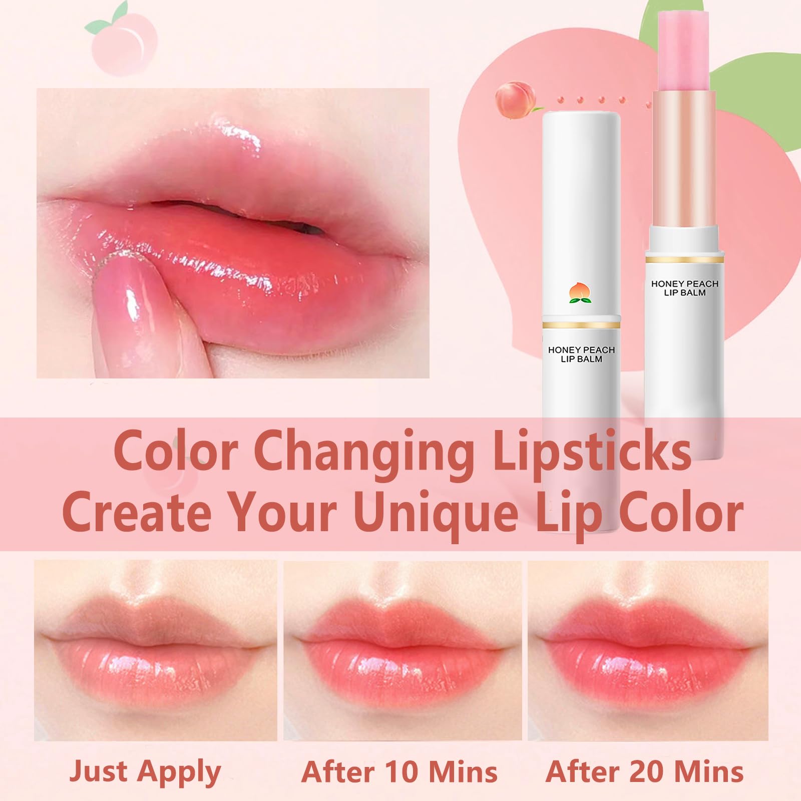 2 Pcs Peaches Color Changing Lipstick, Long Lasting Nutritious Lip Balm Lips Moisturizer Temperature Color Change Lip Gloss Lip Makeup Jelly Crystal Lipstick Set for Women