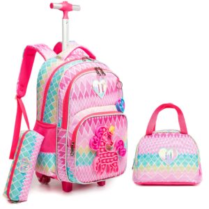 zbaogtw unicorn rolling backpack for girls wheeled school backpack 3 in 1 girls rolling backpack for school,travel,picnic
