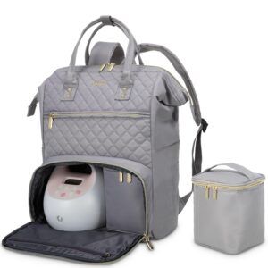 lovevook breast pump backpack with cooler bag, quilted breast pump bags fits spectra s1, s2 medela, travel double layer pumping bag for working moms with 15.6" laptop pocket, grey