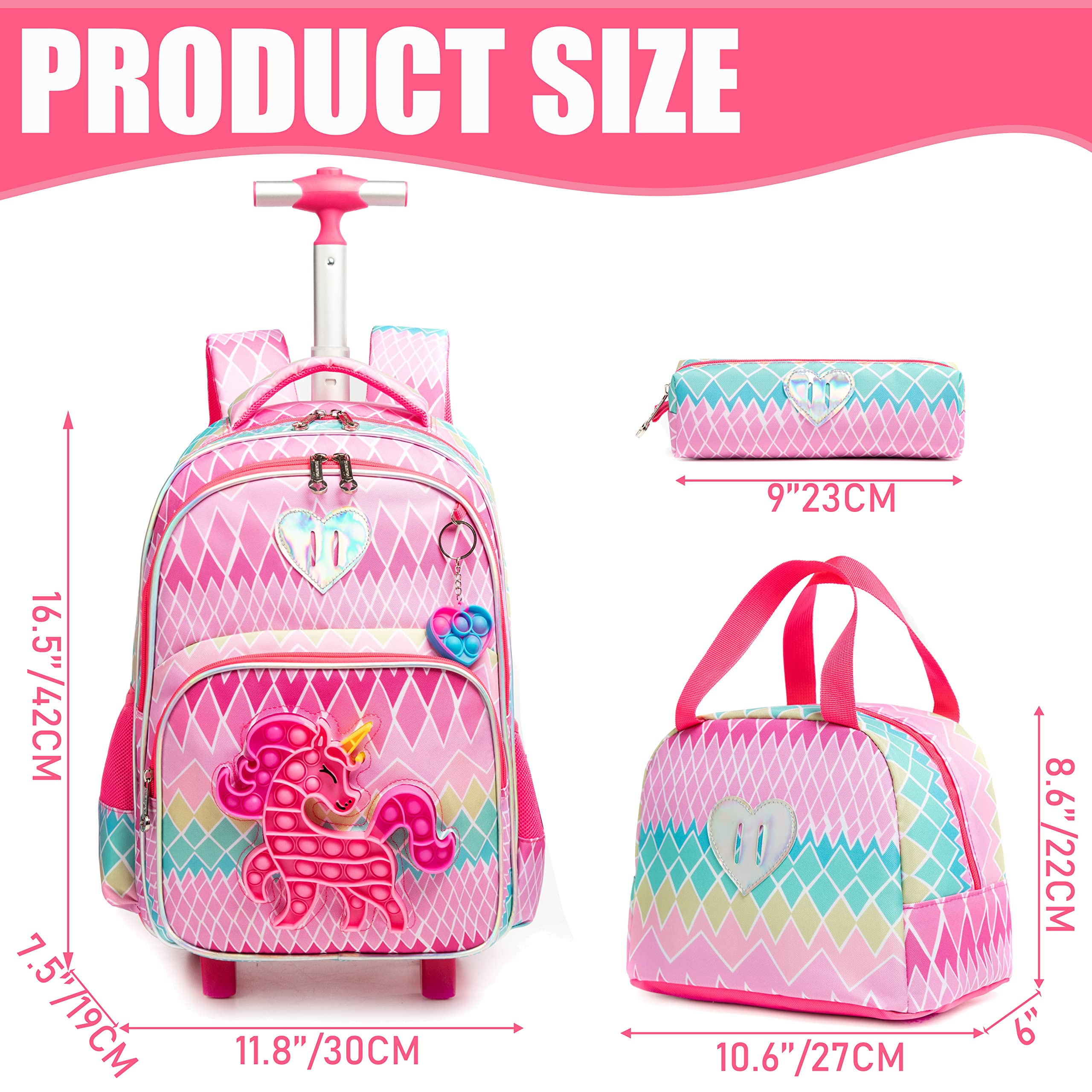 ZBAOGTW Unicorn Rolling Backpack for Girls Wheeled School Backpack 3 in 1 Girls Rolling Backpack for School,Travel,Picnic