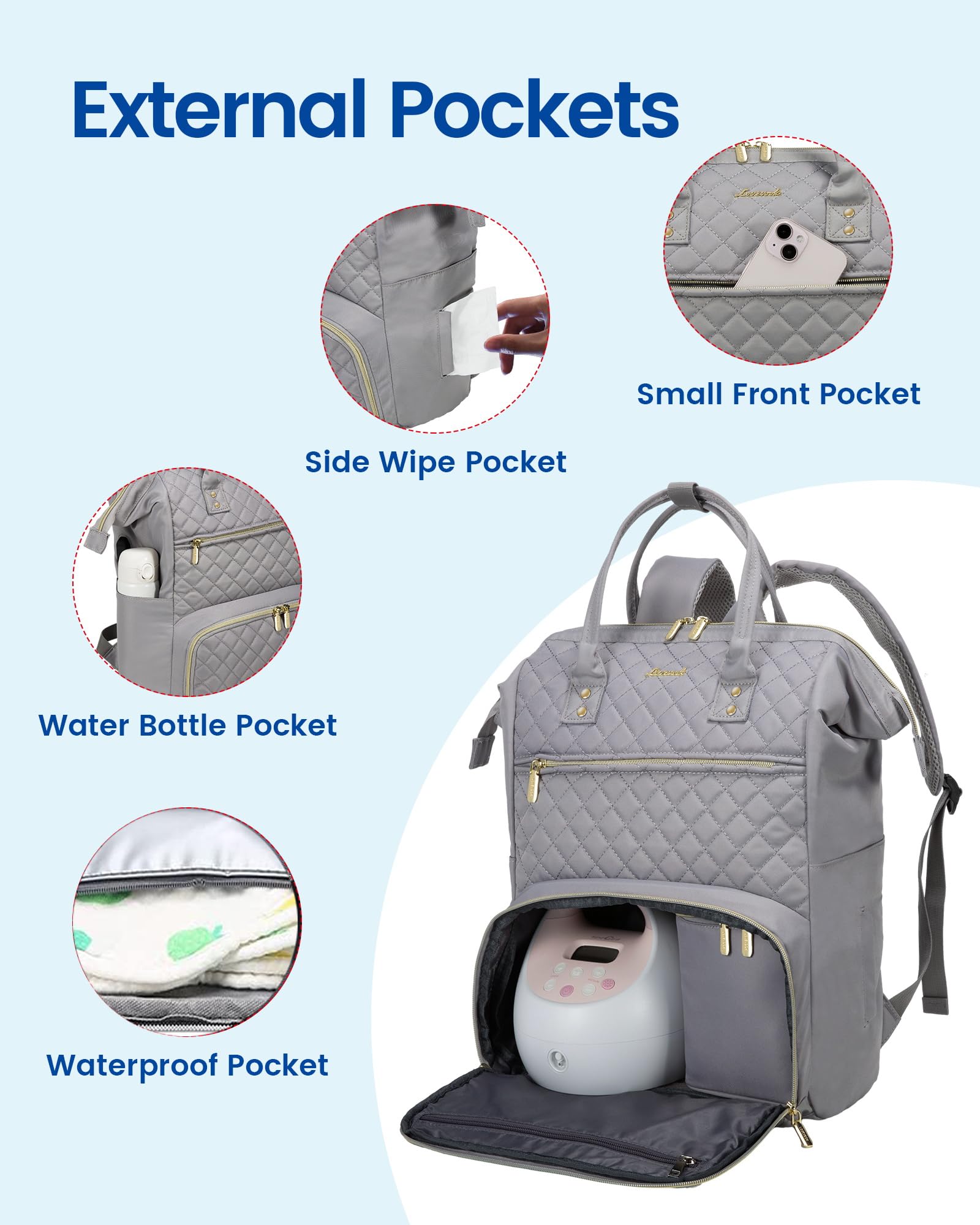 LOVEVOOK Breast Pump Backpack with Cooler Bag, Quilted Breast Pump Bags Fits Spectra S1, S2 Medela, Travel Double Layer Pumping Bag for Working Moms with 15.6" Laptop Pocket, Grey