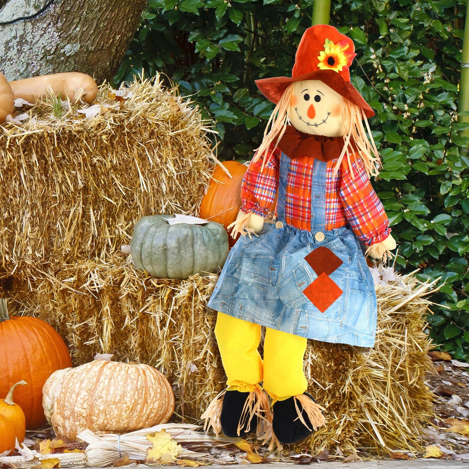 Shappy 60 Inch Large Fall Scarecrow Sitter Halloween Decoration Country Charm Harvest Outdoor Indoor Bird Scare Sitting Scarecrow for Garden Home Yard, Boy Style