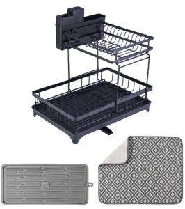 t.r.sani. dish drying rack with multi-functional drying mats, two tiers large storage dish rack for kitchen counter, black