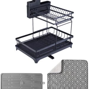 T.R.Sani. Dish Drying Rack with Multi-Functional Drying Mats, Two Tiers Large Storage Dish Rack for Kitchen Counter, Black