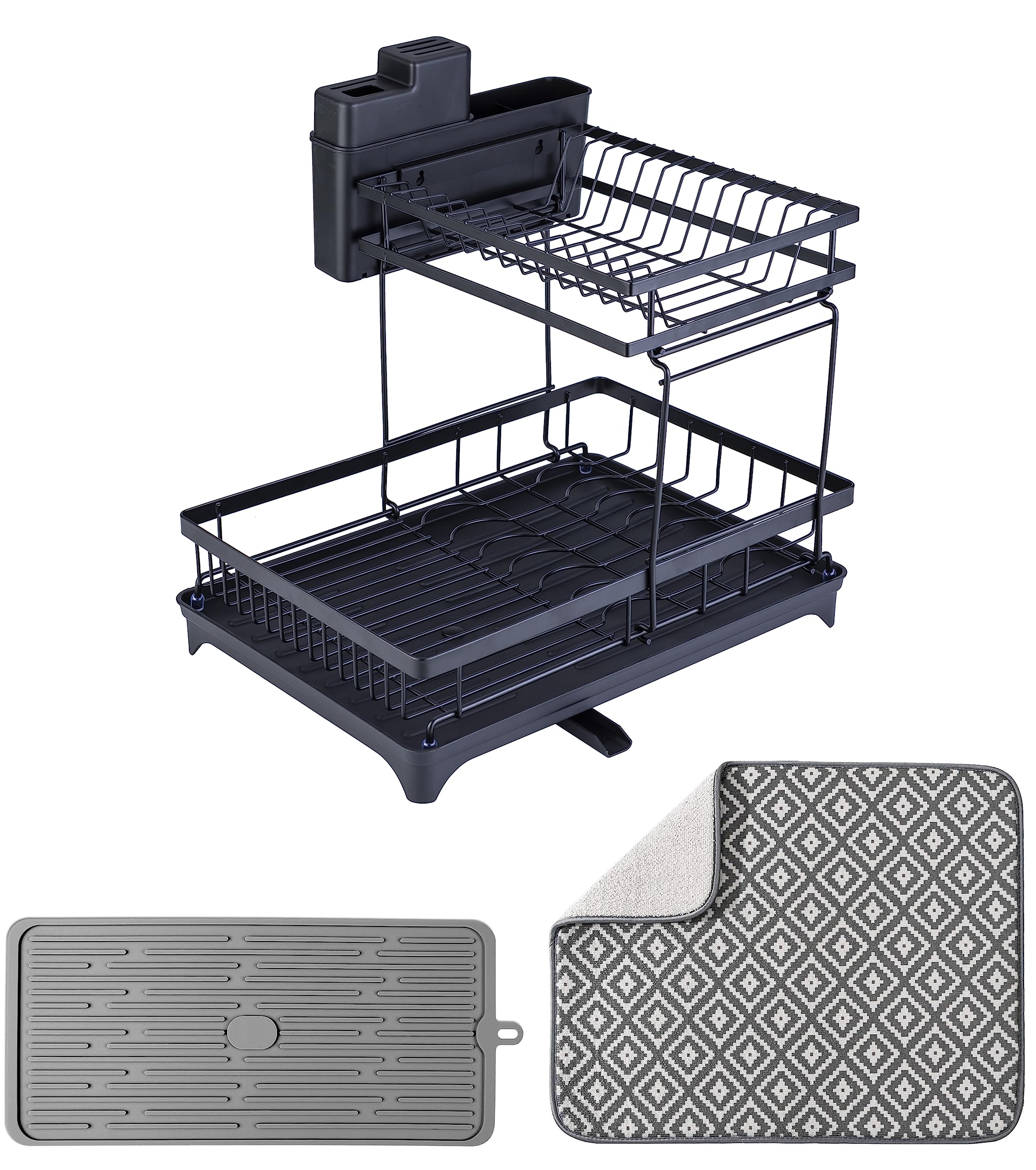 T.R.Sani. Dish Drying Rack with Multi-Functional Drying Mats, Two Tiers Large Storage Dish Rack for Kitchen Counter, Black