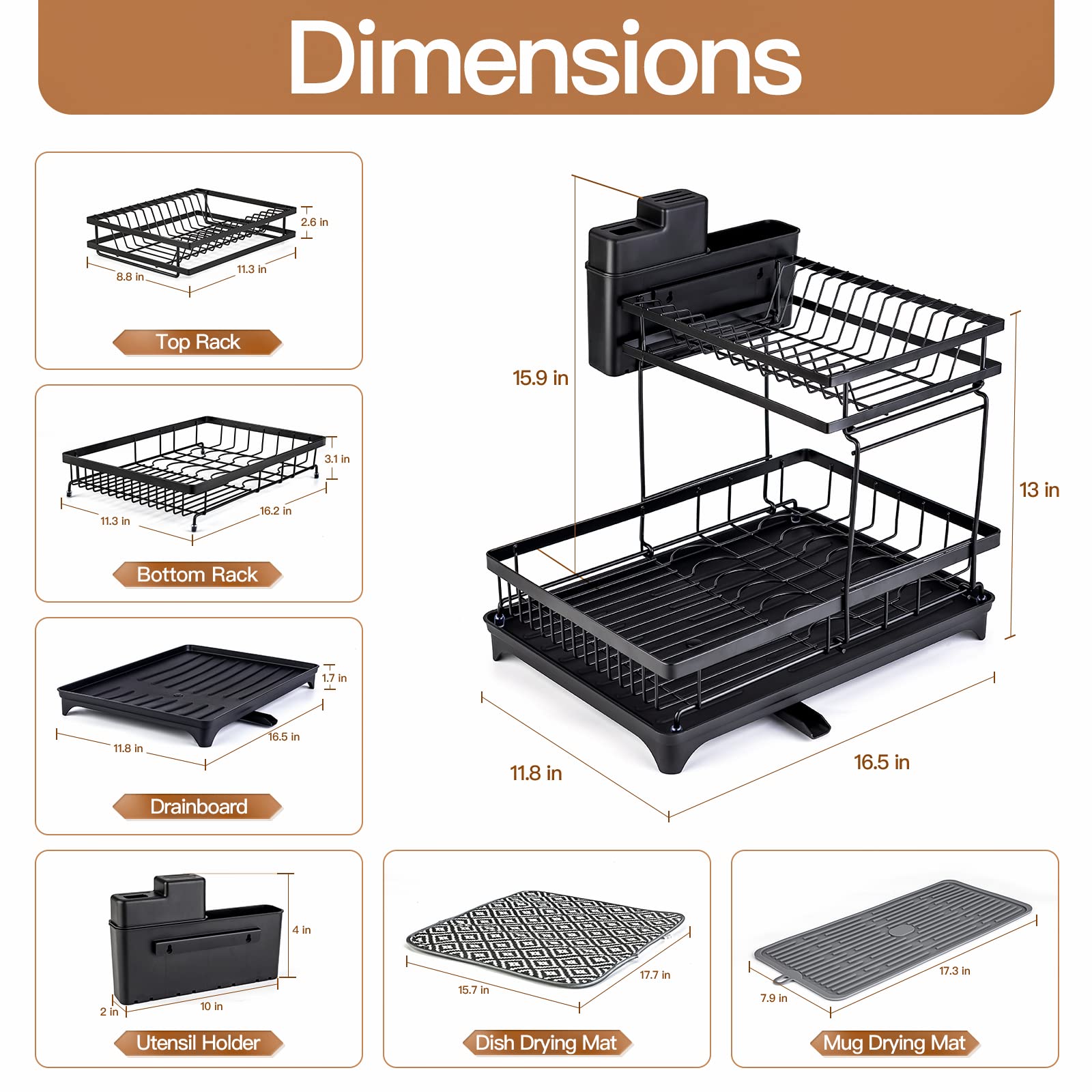 T.R.Sani. Dish Drying Rack with Multi-Functional Drying Mats, Two Tiers Large Storage Dish Rack for Kitchen Counter, Black