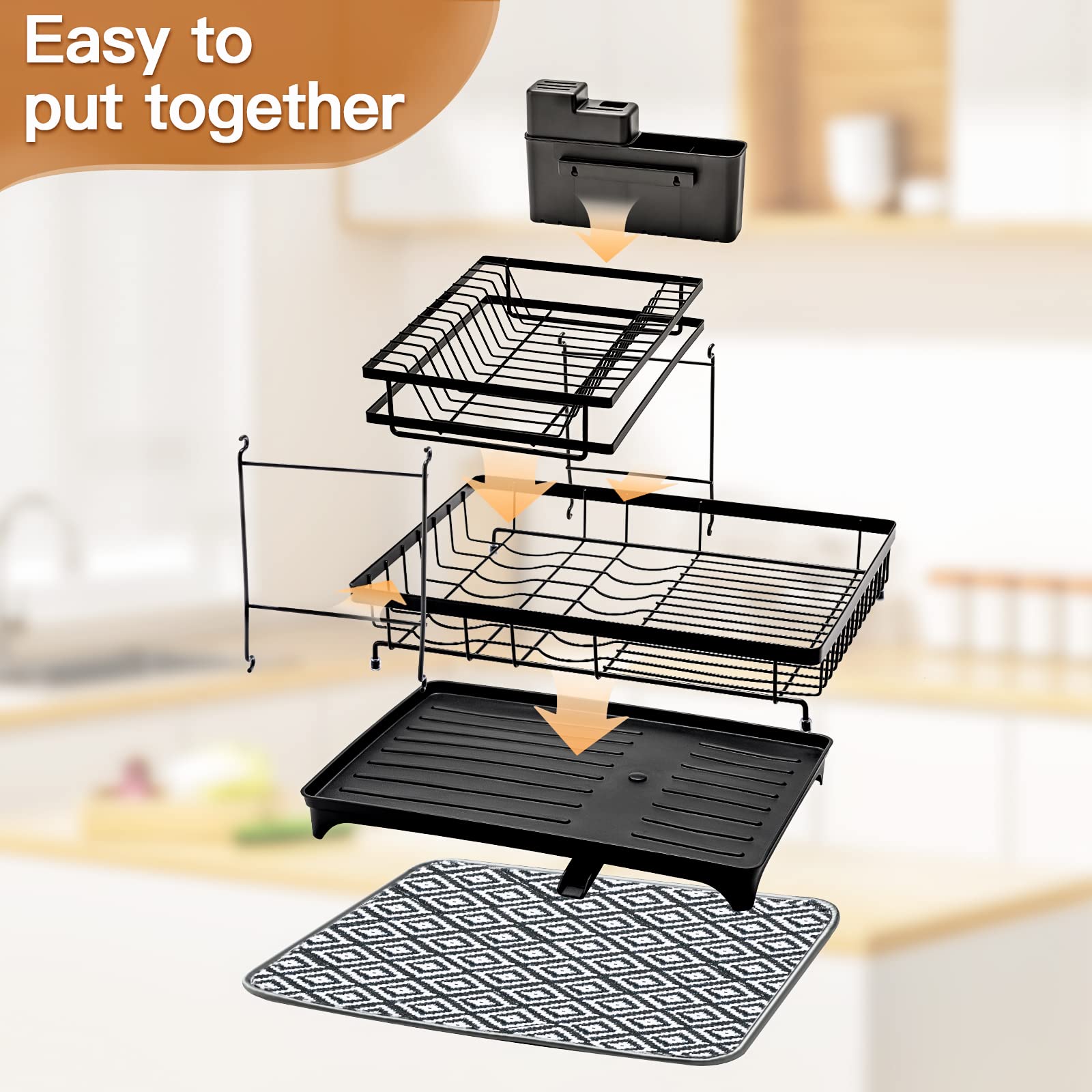 T.R.Sani. Dish Drying Rack with Multi-Functional Drying Mats, Two Tiers Large Storage Dish Rack for Kitchen Counter, Black