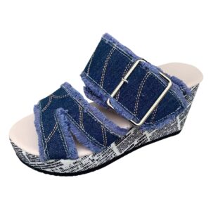 sudnghyto sandals for women dressy summer blue denim jean peep toe fish mouth sandals espadrille wedge platform shoes