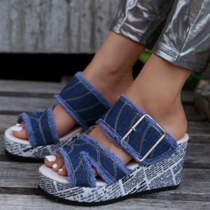 Sudnghyto Sandals for Women Dressy Summer Blue Denim Jean Peep Toe Fish Mouth Sandals Espadrille Wedge Platform Shoes