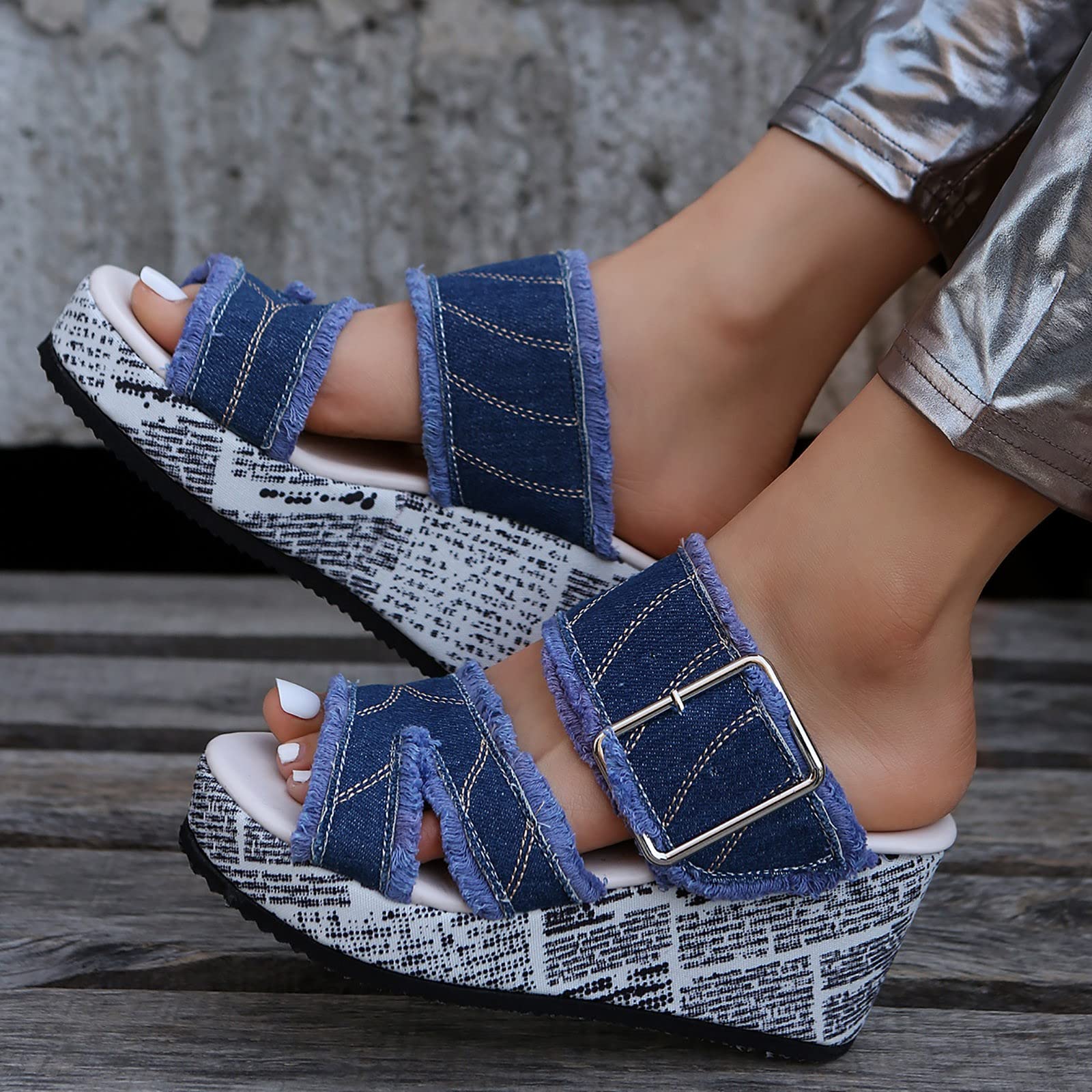 Sudnghyto Sandals for Women Dressy Summer Blue Denim Jean Peep Toe Fish Mouth Sandals Espadrille Wedge Platform Shoes