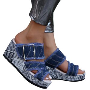 Sudnghyto Sandals for Women Dressy Summer Blue Denim Jean Peep Toe Fish Mouth Sandals Espadrille Wedge Platform Shoes