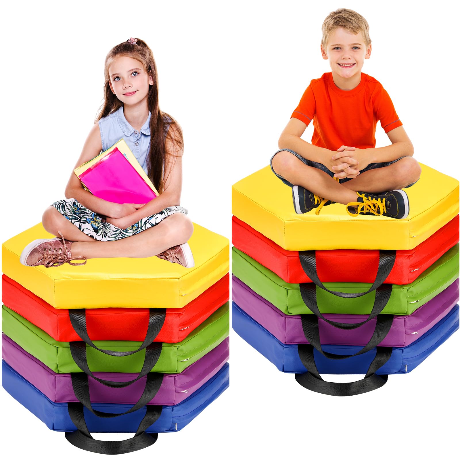 Amylove 10 Pcs 15 Inch Hexagon Classroom Floor Cushions Bulk 2'' Thick Flexible Seating with Handles for Kids Daycare Foam Cushion Colorful Floor Pads for Classroom, School, Daycare, Playroom, Nursery