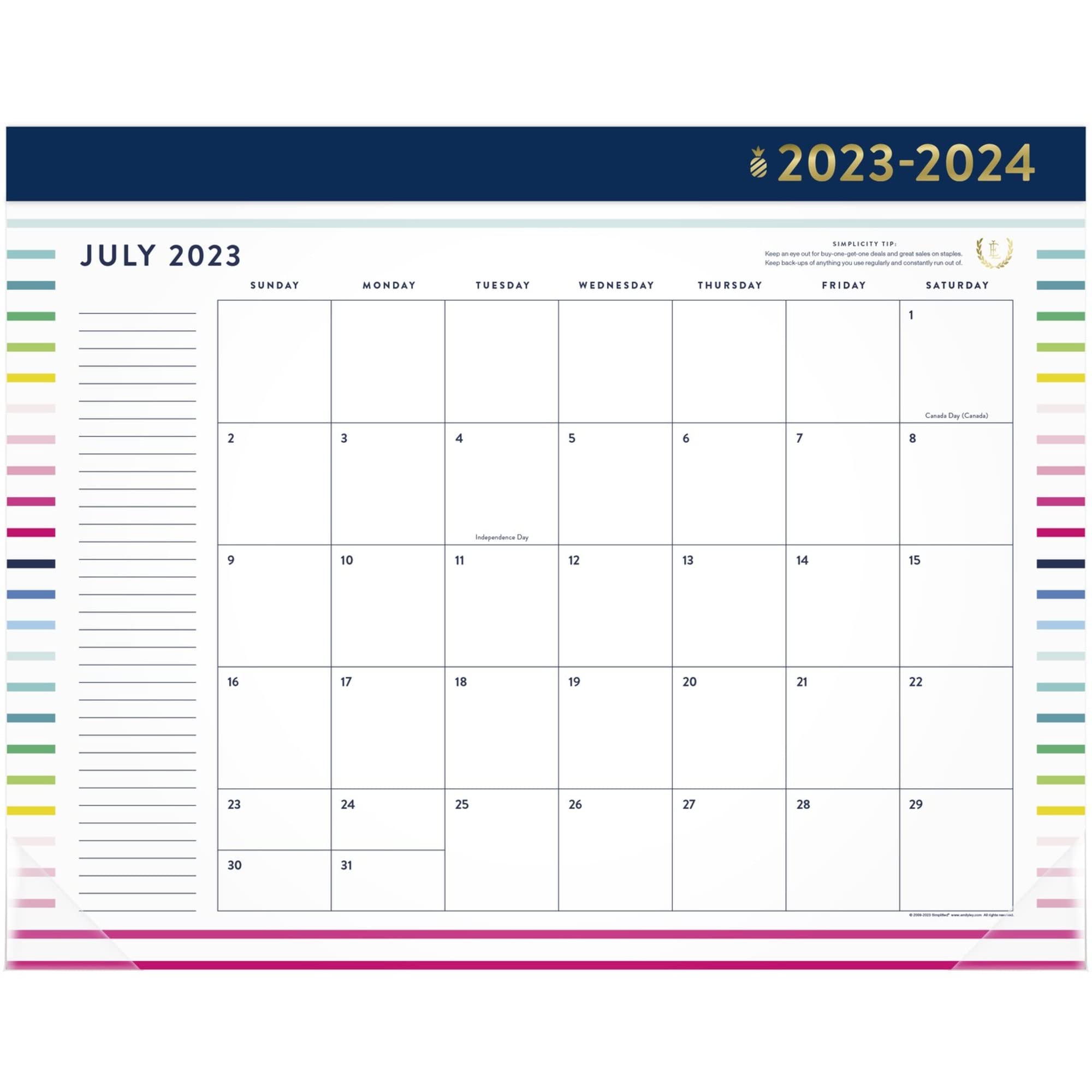 2023-2024 Simplified by Emily Ley for AT-A-GLANCE® Academic Monthly Desk Pad Calendar, Happy Stripe, 21-3/4" x 17", July 2023 To June 2024, EL10-704A