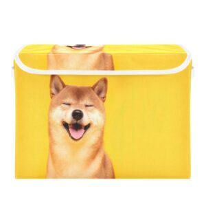 wusikd shiba inu dog storage basket yellow storage boxes with lids and handle, large storage cube bin collapsible for shelves closet bedroom living room, 16.5x12.6x11.8 in