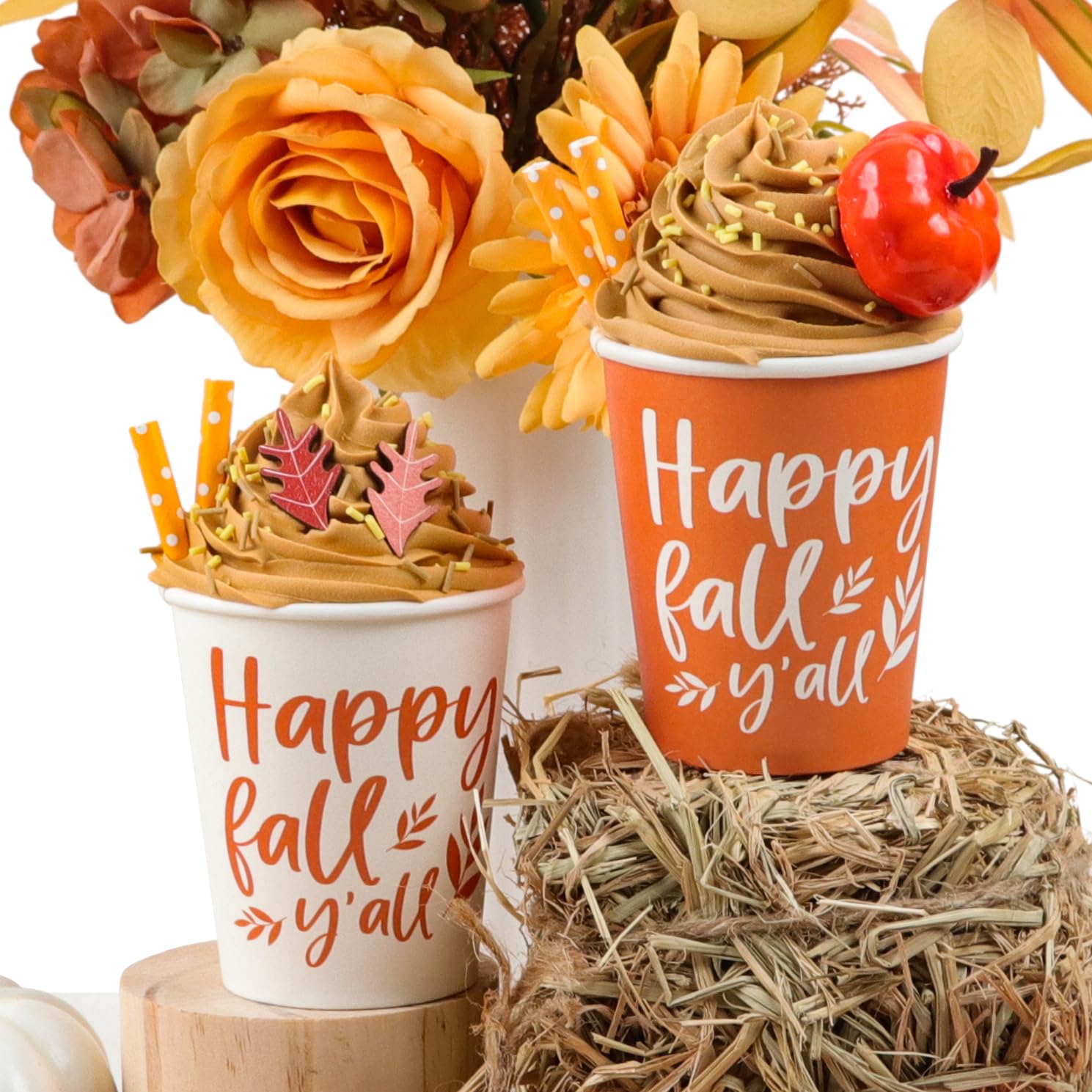 Fall Decor-2 Packs Mini Pumpkin Spice Latte Cups with Faux Whipped Cream -Fall Decorations for Home Table-Fall Tiered Tray Decor-Happy Fall Y'all for Gifts