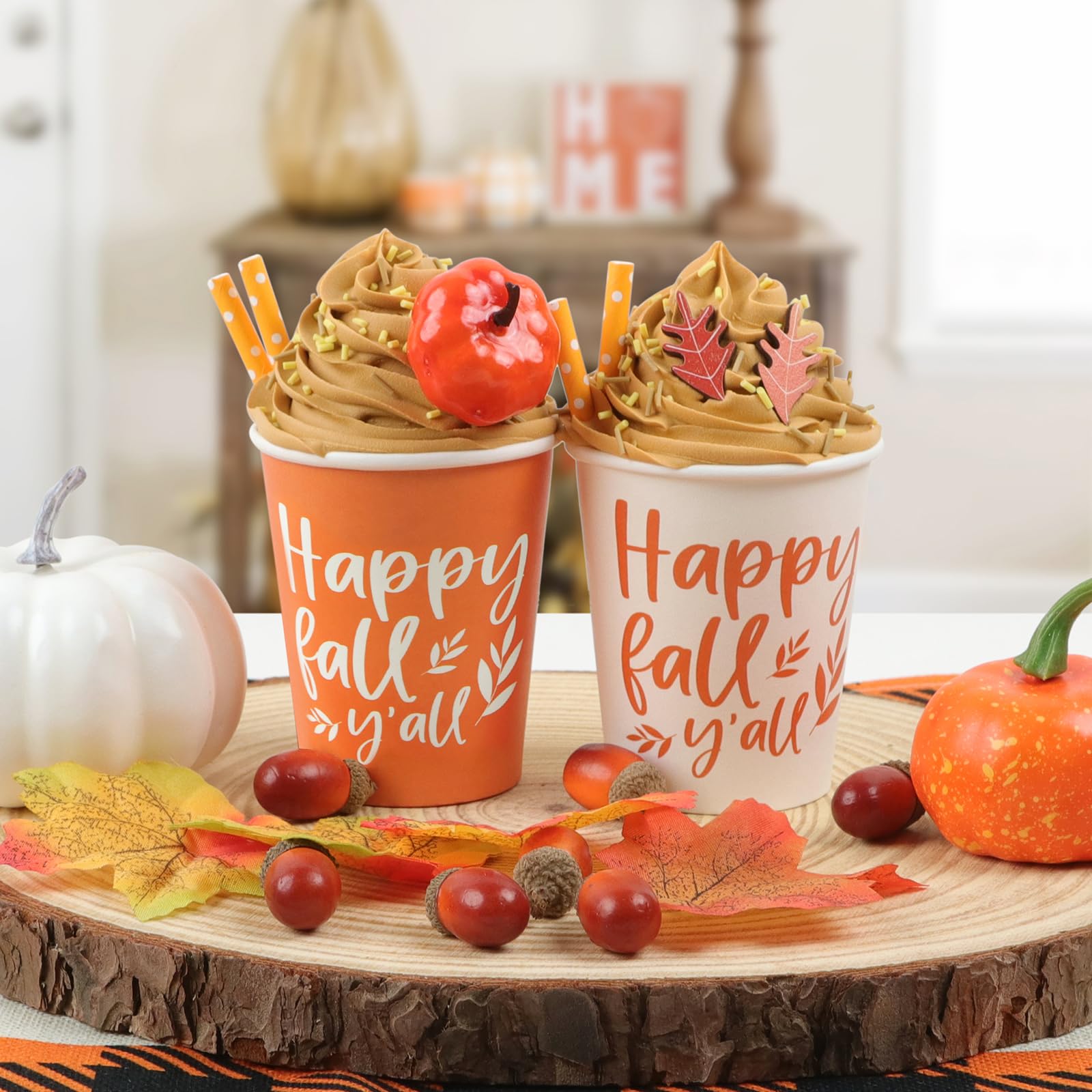 Fall Decor-2 Packs Mini Pumpkin Spice Latte Cups with Faux Whipped Cream -Fall Decorations for Home Table-Fall Tiered Tray Decor-Happy Fall Y'all for Gifts