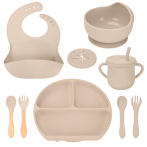 silicone baby feeding set - reiktlud baby led weaning supplies - silicone suction bowls divided plates, sippy and snack cup - toddler self feeding eating utensils set bib, spoons, fork (grayish-white)