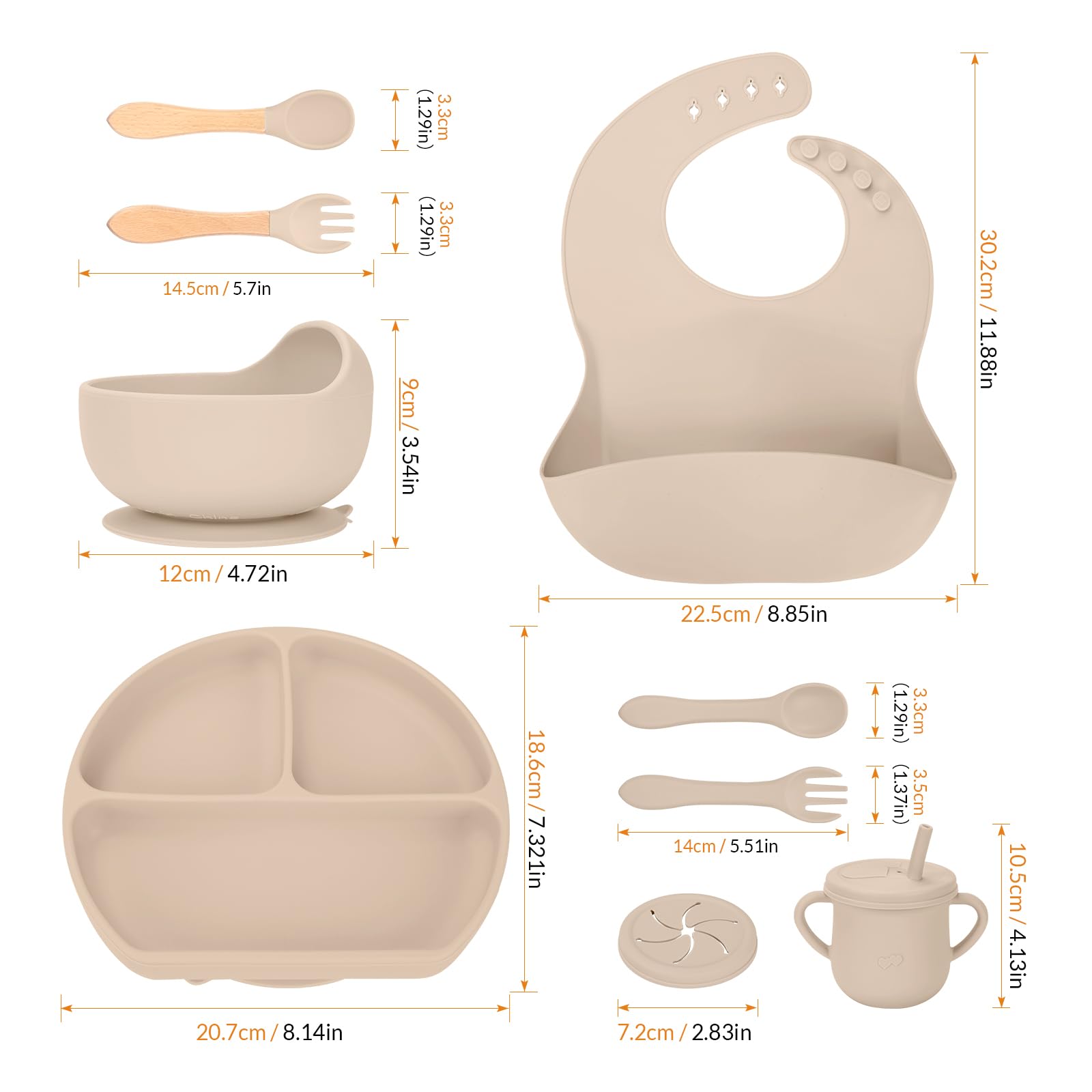 Silicone Baby Feeding Set - REIKTLUD Baby Led Weaning Supplies - Silicone Suction Bowls Divided Plates, Sippy and Snack Cup - Toddler Self Feeding Eating Utensils Set Bib, Spoons, Fork (Grayish-white)