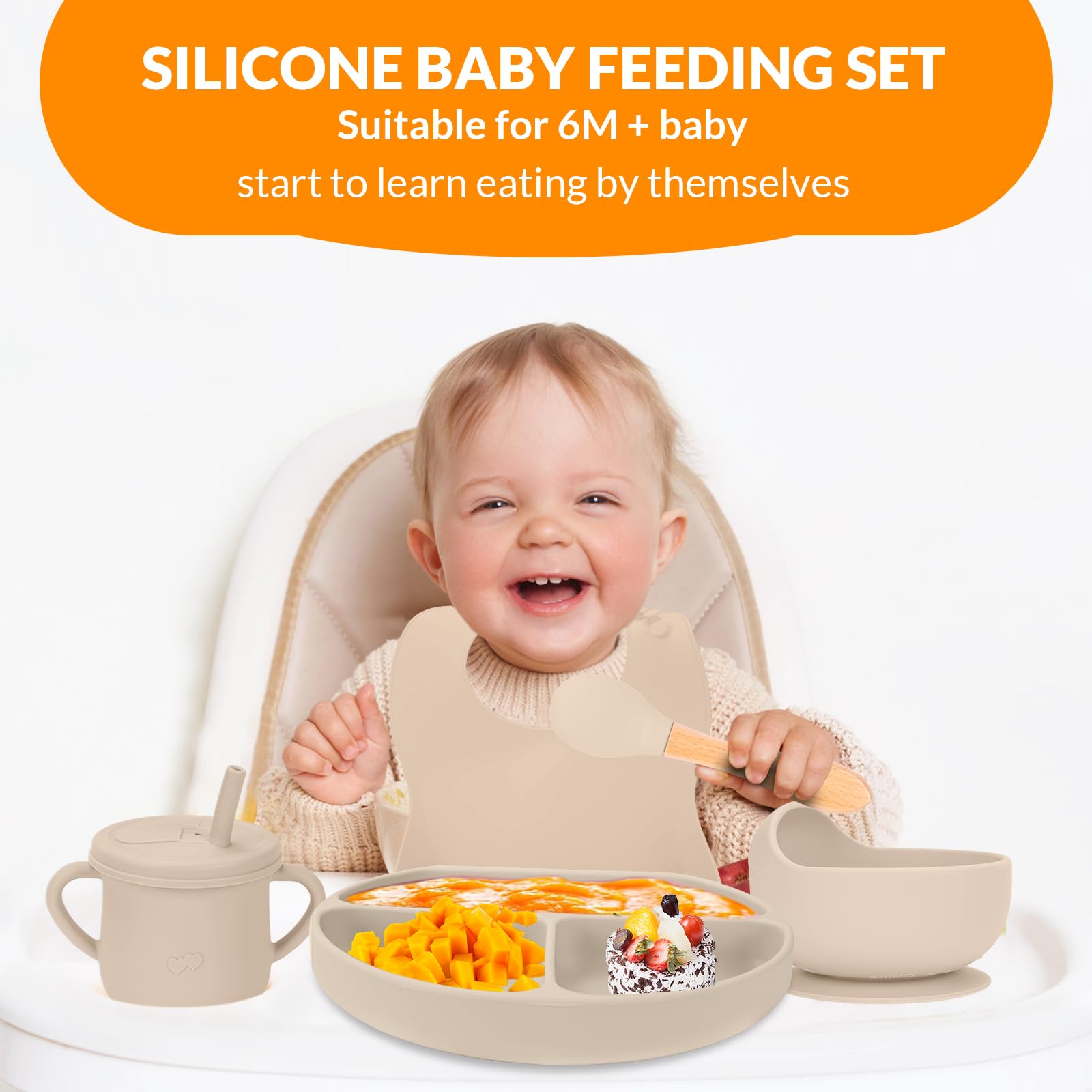 Silicone Baby Feeding Set - REIKTLUD Baby Led Weaning Supplies - Silicone Suction Bowls Divided Plates, Sippy and Snack Cup - Toddler Self Feeding Eating Utensils Set Bib, Spoons, Fork (Grayish-white)