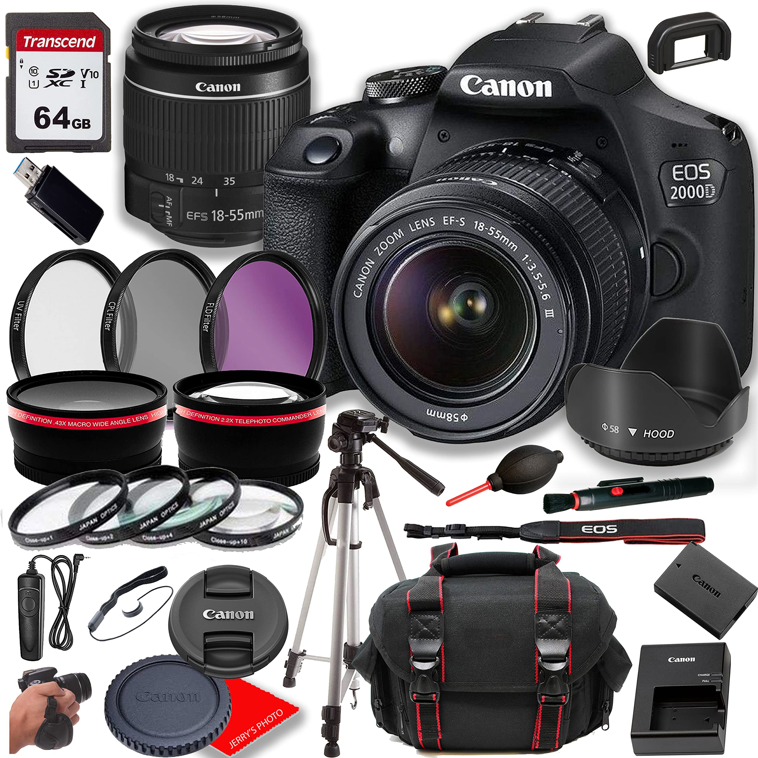 Canon EOS 2000D (Rebel T7) DSLR Camera w/Canon EF-S 18-55mm F/3.5-5.6 Zoom Lens+ Case + 64GB Memory(28pc Bundle)