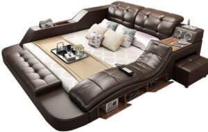 its-me double bed|king size or queen size| bonded leather | massage function | bluetooth speakers | usb charger |radio| save box | (brown, double queen)