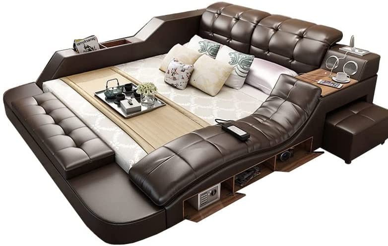 Its-Me Double Bed|King Size or Queen Size| Bonded Leather | Massage Function | Bluetooth Speakers | USB Charger |Radio| Save Box | (Brown, Double Queen)