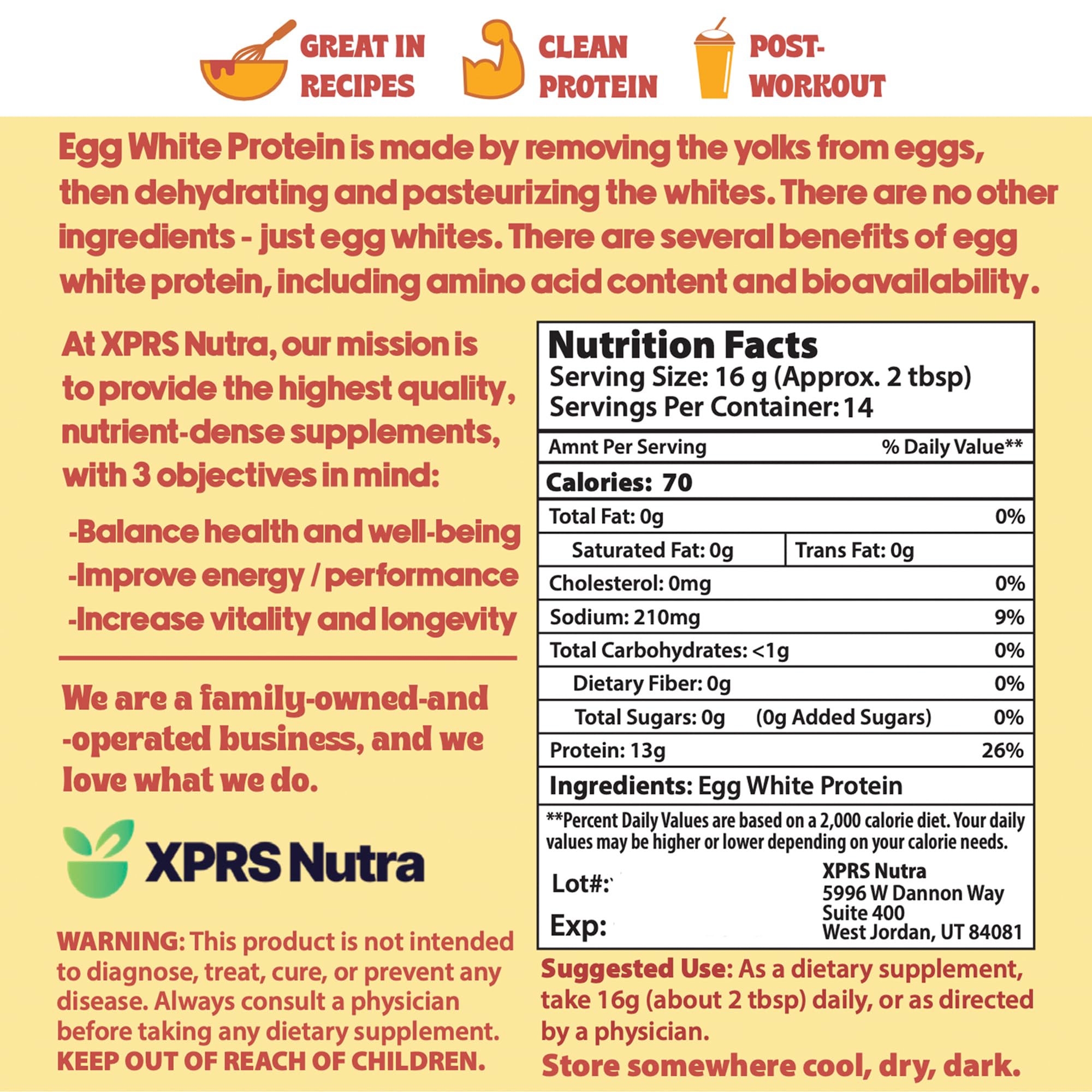 XPRS Nutra Egg White Protein Powder - Bulk Powdered Egg White Unflavored Protein Powder - 100% Egg Whites Powdered Eggs - Premium Meringue Powder Used for Egg White Powder Baking (1 Pound)