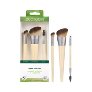 ecotools new natural conceal, enhance, & sculpt trio, makeup brushes for foundation, concealer, & brows, dense, synthetic bristles for sculpting face, vegan & cruelty-free, 3 piece set
