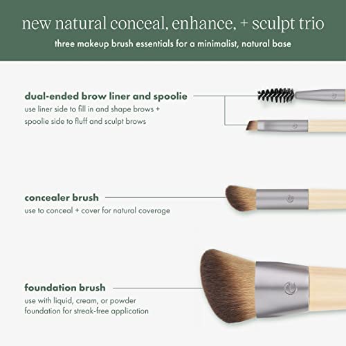 EcoTools New Natural Conceal, Enhance, & Sculpt Trio, Makeup Brushes For Foundation, Concealer, & Brows, Dense, Synthetic Bristles For Sculpting Face, Vegan & Cruelty-Free, 3 Piece Set