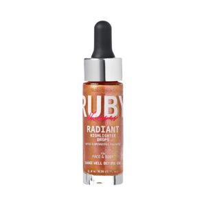 ruby kisses radiant drops, shimmer liquid highlighter makeup, smooth illuminator for face body, natural glow dewiness glitter for skin (blush gold)
