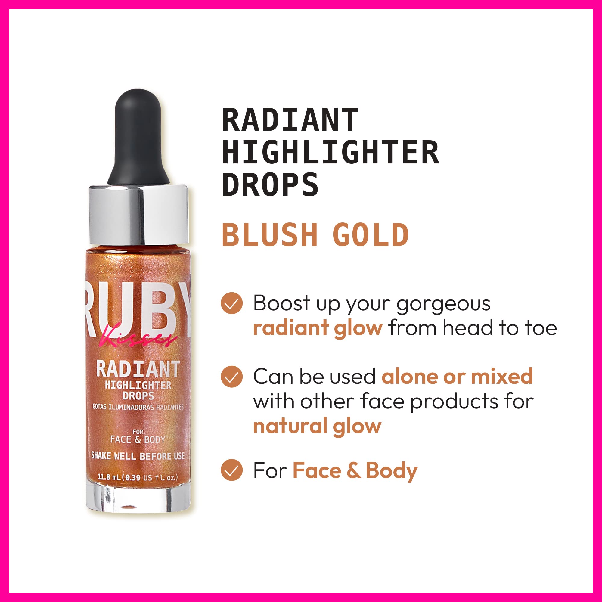 Ruby Kisses Radiant Drops, Shimmer Liquid Highlighter Makeup, Smooth Illuminator for Face Body, Natural Glow Dewiness Glitter for Skin (BLUSH GOLD)