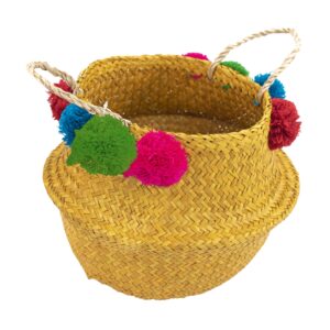 sheltercast dyed seagrass belly basket with 8 pompoms and handle. (yellow(large))