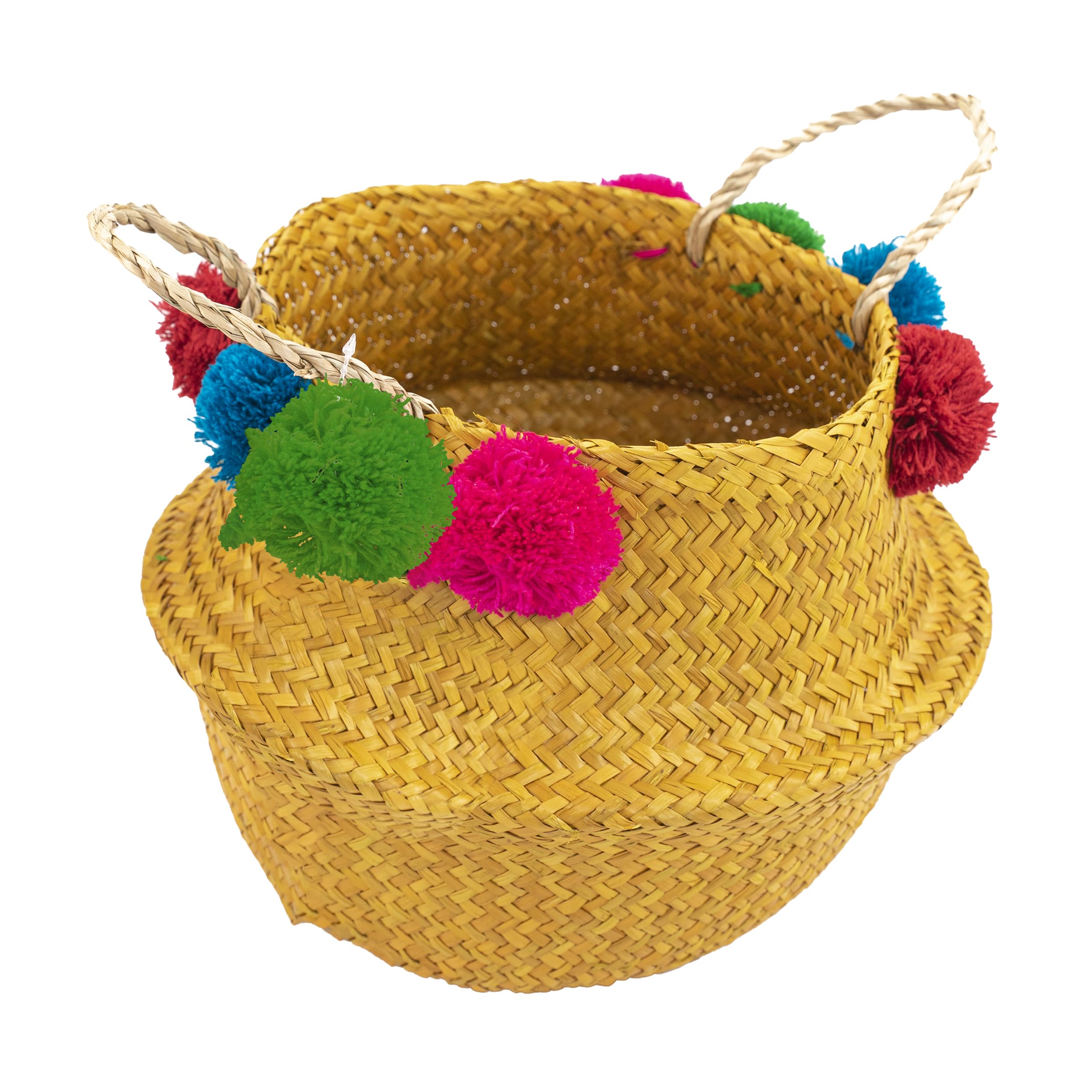 ShelterCast Dyed Seagrass Belly Basket with 8 Pompoms And Handle. (Yellow(Large))