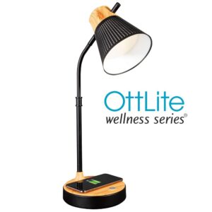 OttLite Wellness Series Wireless Charging LED Table Lamp, Black with Woodgrain Accents…