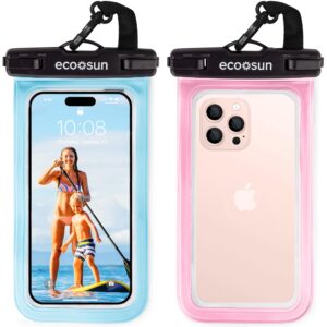 eco sun waterproof phone pouch (2-pack) — designed in hawaii — case fits all iphones (incl. 15 pro max), samsung galaxy s24 & more blue/pink