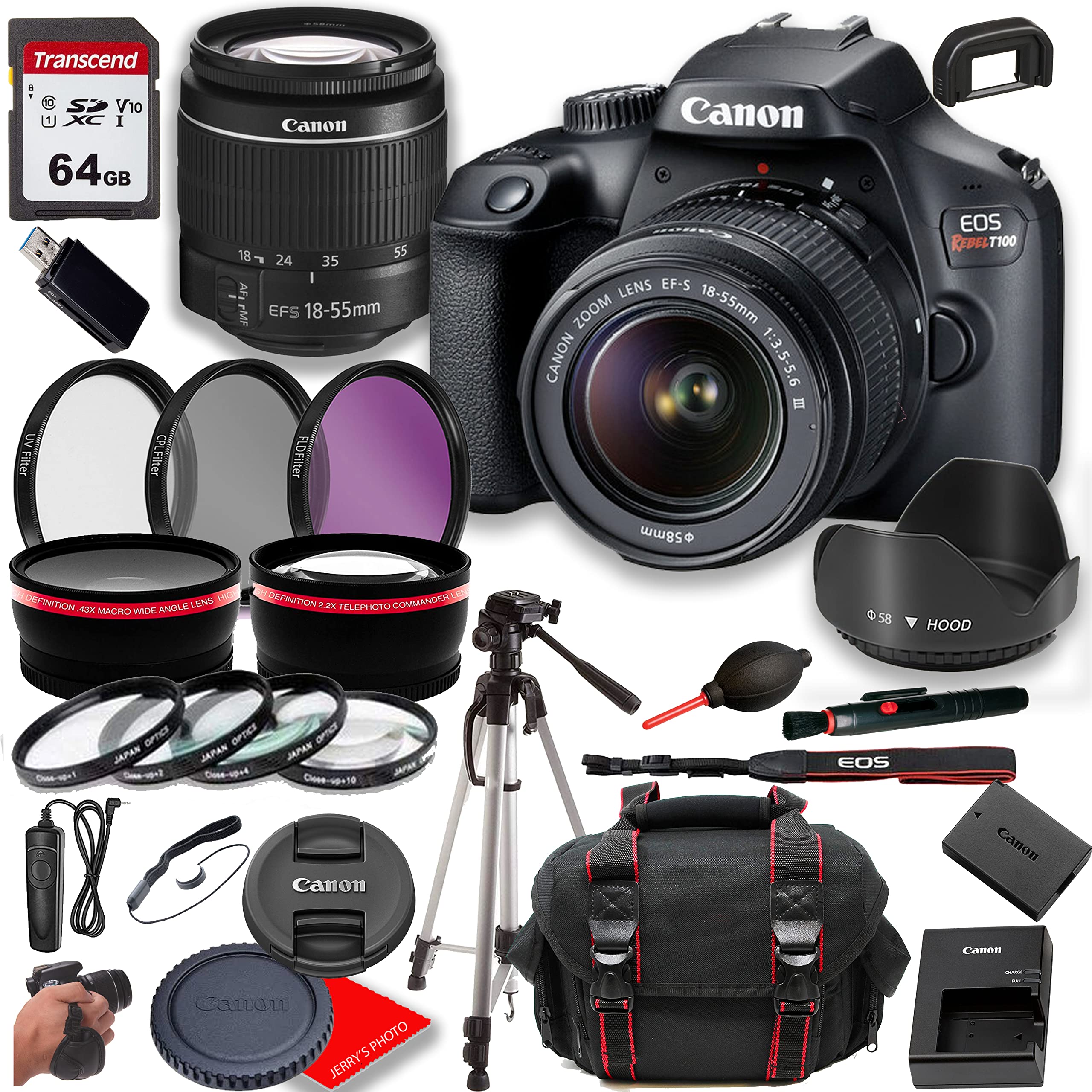 Canon Rebel T100 (EOS 4000D) DSLR Camera w/Canon EF-S 18-55mm F/3.5-5.6 Zoom Lens+ Case + 64GB Memory(28pc Bundle)