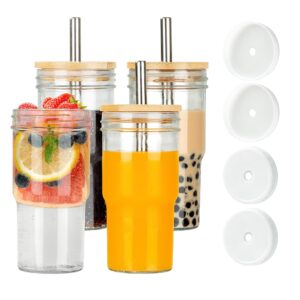 glass cups set of 4 - 22oz mason jar drinking glasses with 4 bamboo lids & straws & plastic lids - cute reusable boba bottle, iced coffee glasses, travel tumbler for bubble tea, smoothie, juice jug