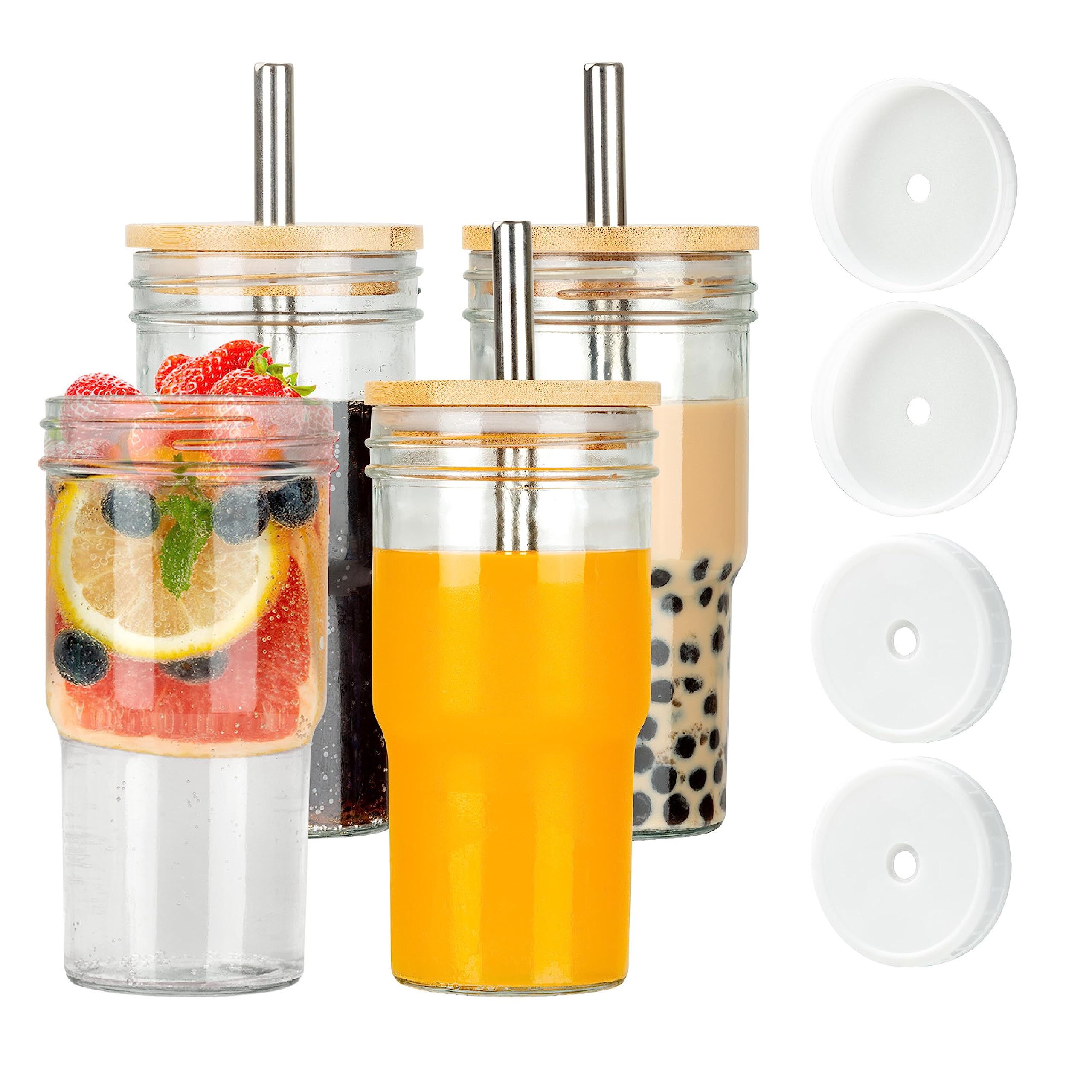 Glass Cups Set of 4 - 22oz Mason Jar Drinking Glasses With 4 Bamboo Lids & Straws & Plastic Lids - Cute Reusable Boba Bottle, Iced Coffee Glasses, Travel Tumbler for Bubble Tea, smoothie, Juice Jug