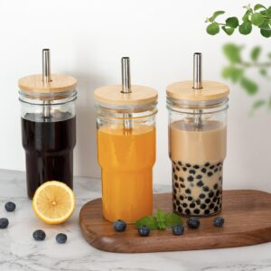 Glass Cups Set of 4 - 22oz Mason Jar Drinking Glasses With 4 Bamboo Lids & Straws & Plastic Lids - Cute Reusable Boba Bottle, Iced Coffee Glasses, Travel Tumbler for Bubble Tea, smoothie, Juice Jug