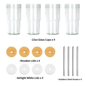 Glass Cups Set of 4 - 22oz Mason Jar Drinking Glasses With 4 Bamboo Lids & Straws & Plastic Lids - Cute Reusable Boba Bottle, Iced Coffee Glasses, Travel Tumbler for Bubble Tea, smoothie, Juice Jug