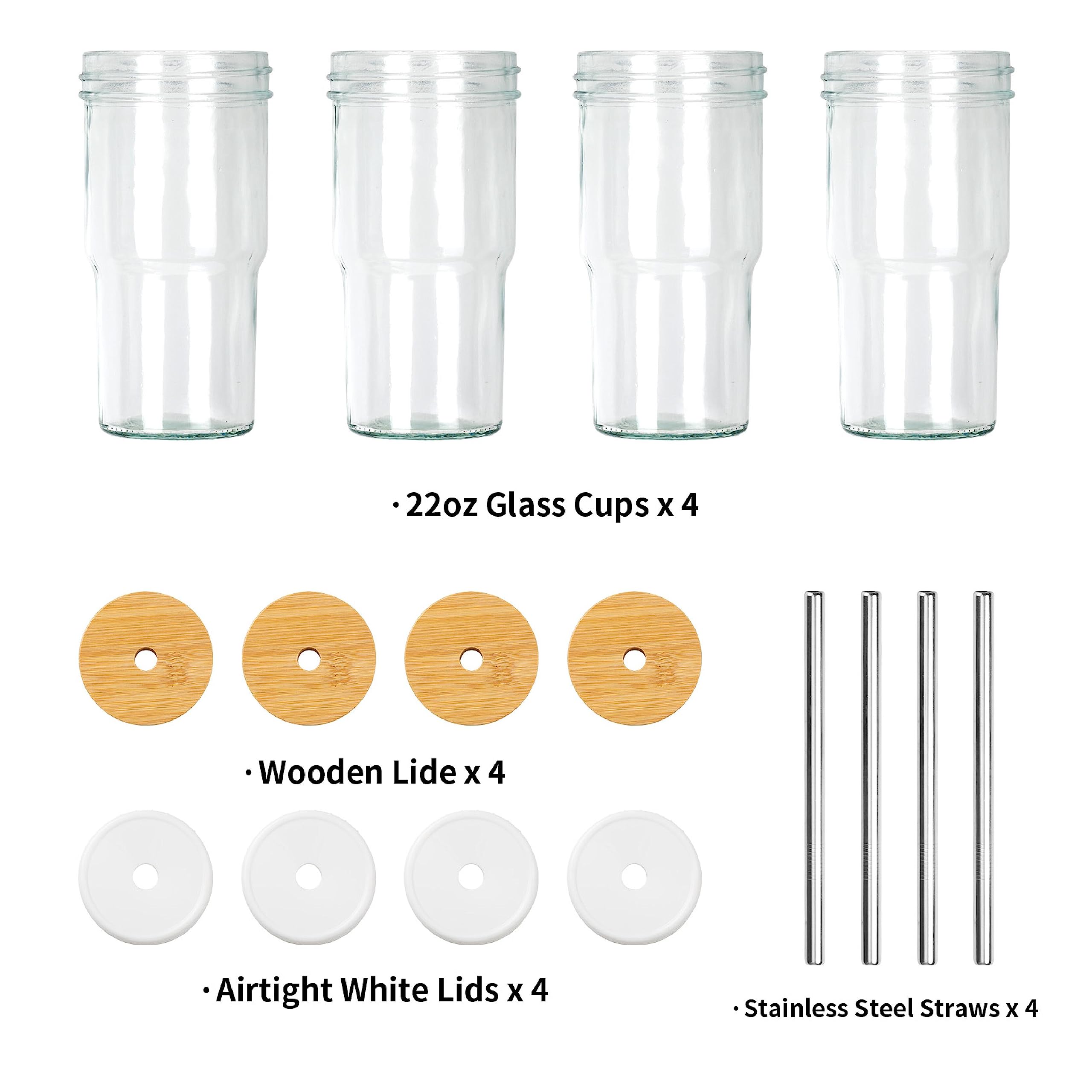 Glass Cups Set of 4 - 22oz Mason Jar Drinking Glasses With 4 Bamboo Lids & Straws & Plastic Lids - Cute Reusable Boba Bottle, Iced Coffee Glasses, Travel Tumbler for Bubble Tea, smoothie, Juice Jug