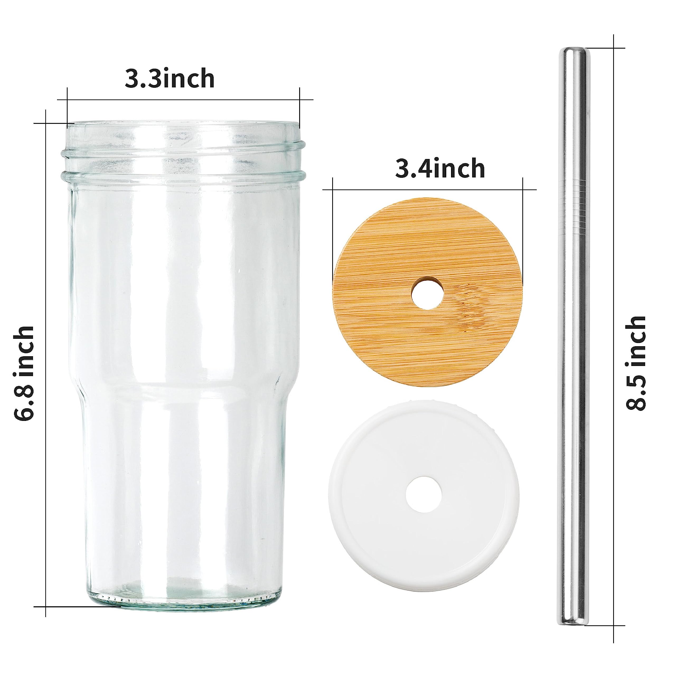 Glass Cups Set of 4 - 22oz Mason Jar Drinking Glasses With 4 Bamboo Lids & Straws & Plastic Lids - Cute Reusable Boba Bottle, Iced Coffee Glasses, Travel Tumbler for Bubble Tea, smoothie, Juice Jug